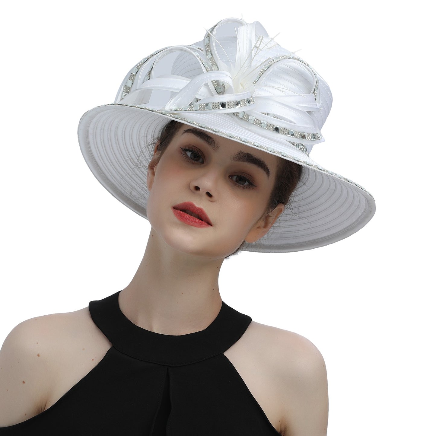 Deluxe New White Church Hat Party Banquet Satin Cloth Photography Hats Premium Chains Formal Hat Flower Top Cap For Women Ladies