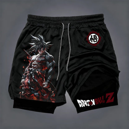 Shorts Masculino Dragon Ball Camada Dupla Son Goku Verão Anime Japonês Falso Duas Peças Esportivo Fitness Secagem Rápida