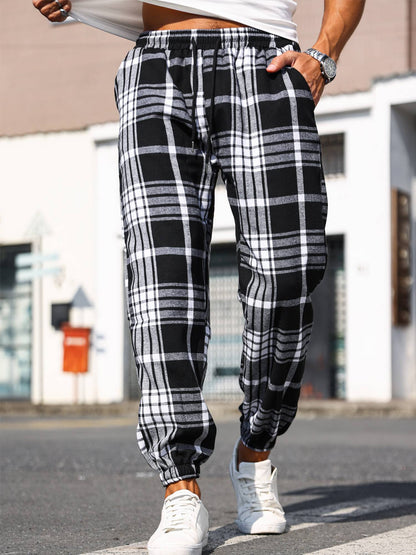 Calças Masculinas Xadrez com Punho Calças de Pijama Confortáveis para Estilo Relaxado