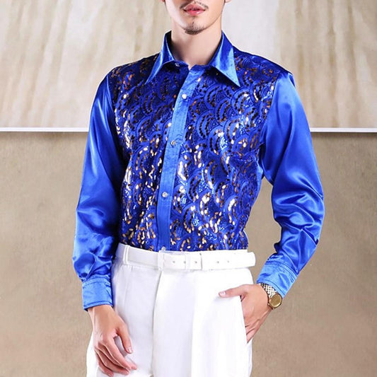 Men Sequins Shirt Adult Lapel Long Sleeved Dance Performance Shirt Costume Wedding Stage Shirt Slim Fit Casual Men Shirts Tops
