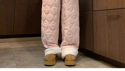 Heavy Winter Cotton Waterproof Splicing Lamb Fleece Cotton Pants for Men and Women, Solid Color Diamond Grid Embroidered Clip Co