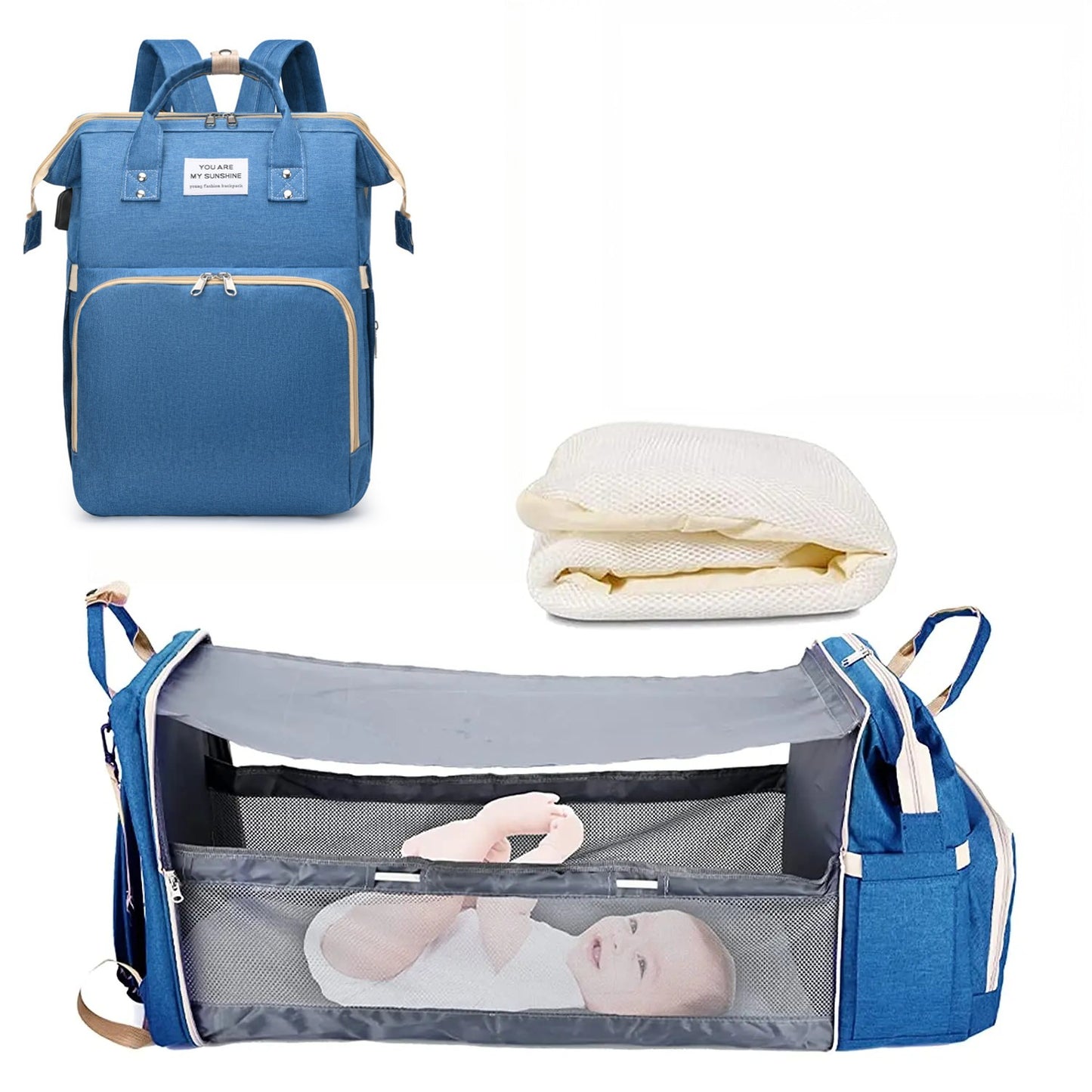 Mochila-berço 3 em 1 dobrável à prova d'água com USB para viagem e para troca de fraldas 3 tipos