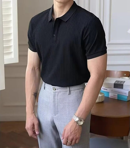 New Vertical Stripe Knit Polo Men's Shirts Summer Slim Solid Color Breathable Turn-Down Collar Business Short Sleeve Polo Tops