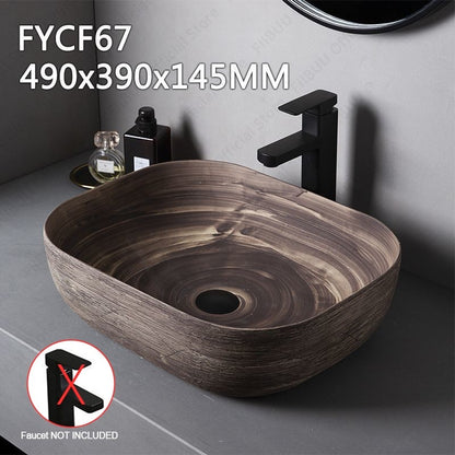 Cuba de Cerâmica Marrom para Lavatório de Banheiro Oval Artística para Mesa de Banheiro, Bacia de Lavar Roupa para Varanda, Bacia de Pedestal Acima do Balcão