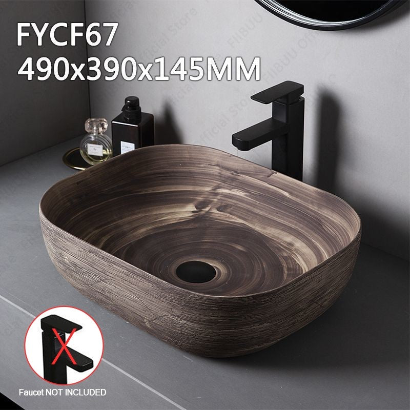 Cuba de Cerâmica Marrom para Lavatório de Banheiro Oval Artística para Mesa de Banheiro, Bacia de Lavar Roupa para Varanda, Bacia de Pedestal Acima do Balcão