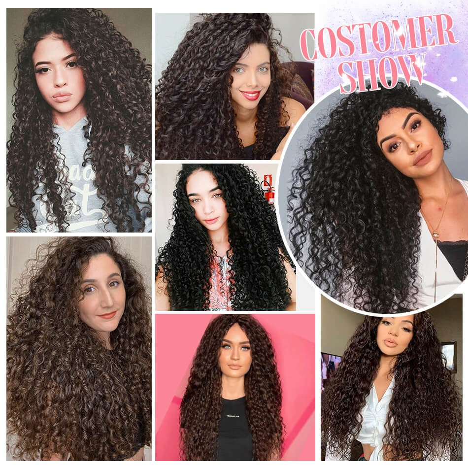 Aplique de Cabelo Cacheado Jerry Sintético de 26'' com Trama Dupla, Cabeça Completa, Fibra Japonesa Orgânica Ice Silk, Preto e Marrom, 160g