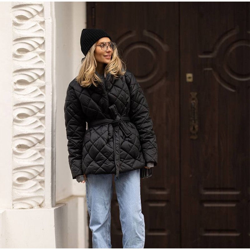 Solid Lapel Lace Up Cotton Coat Women Fashion Long Sleeve Warm Loose Pocket Short Coats Lady New Winter Commute Street Outwears