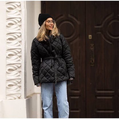 Solid Lapel Lace Up Cotton Coat Women Fashion Long Sleeve Warm Loose Pocket Short Coats Lady New Winter Commute Street Outwears