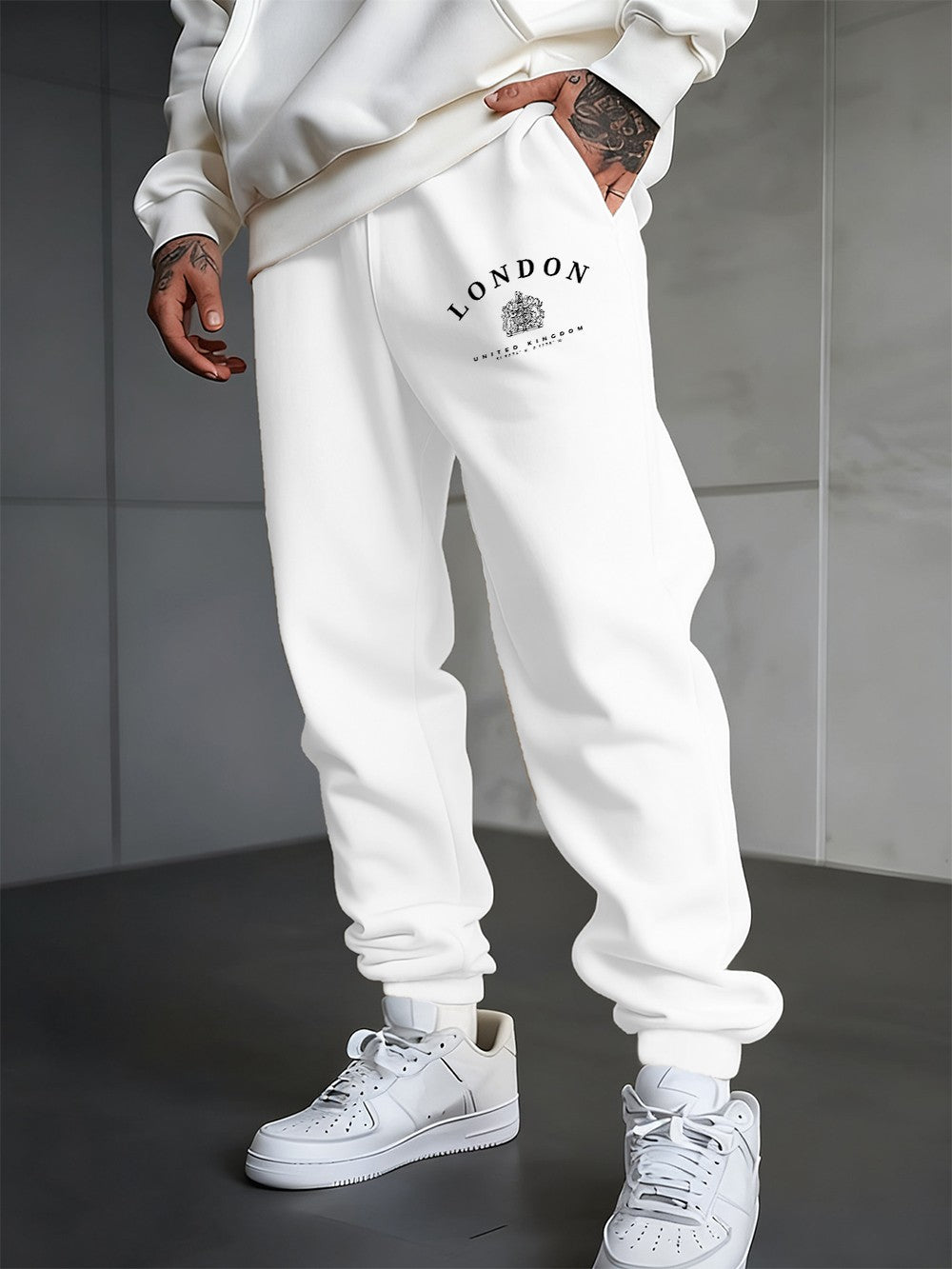 London Uk Royal Badge Printing Sweatpants Men'S Winter Jogger Pants Pocket Elastic Waist Fleece Trousers Casual Men Sportswear