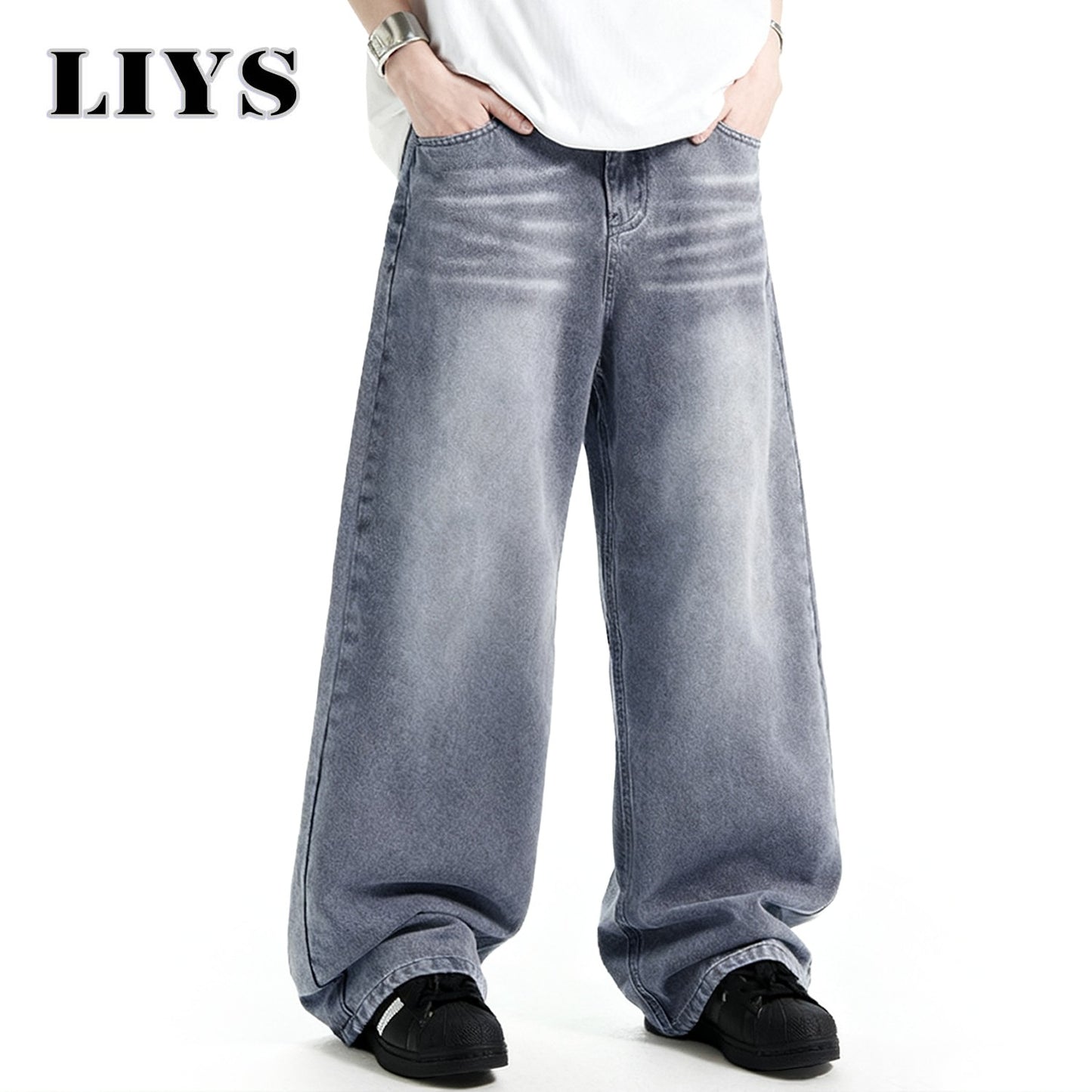 Calça Jeans Masculina Americana Retrô Lavada Branca Polida Solta Perna Larga Casual para o Dia a Dia Unissex Baggy Calça Jeans Masculina