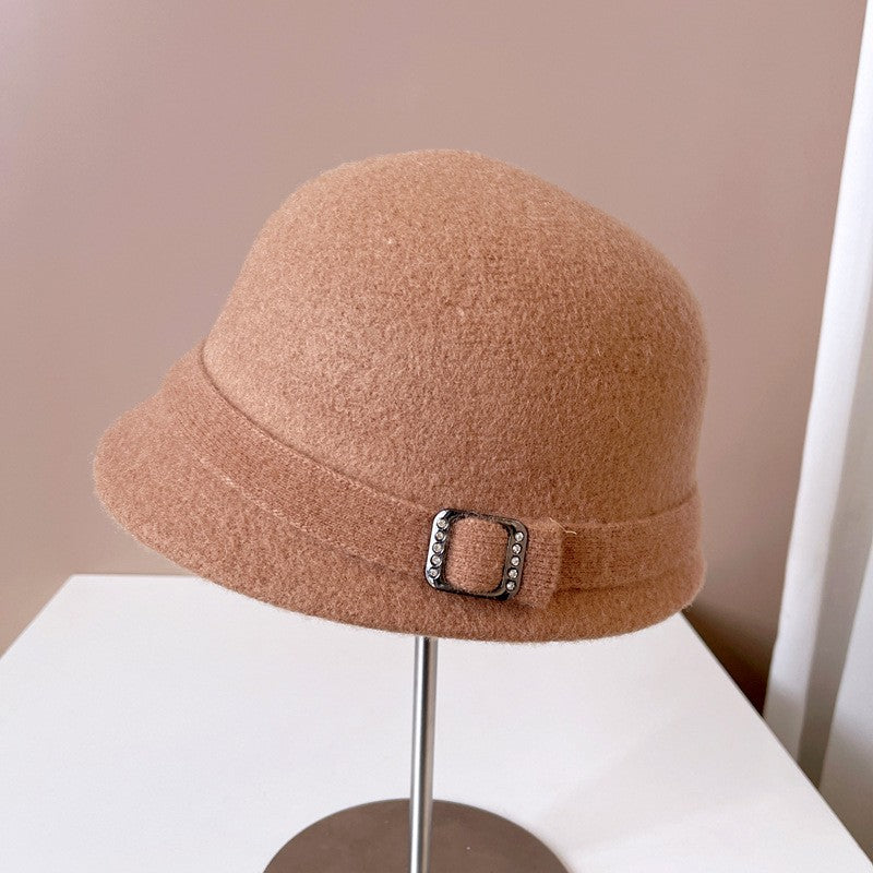 Chapéu de Lã Japonês Feminino Outono Inverno Quente de Tricô Fivela de Diamante Fita Chapéu de Pescador Chapéu de Bacia Pequena Frente e Verso