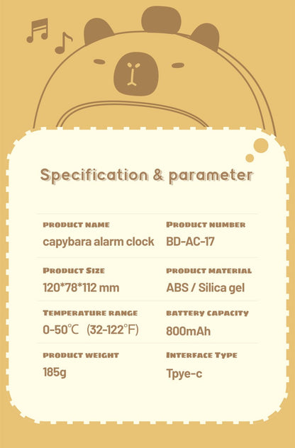 Bedside LED Clock Kids Alarm Clock Children's Sleep Trainier Temperature Display With Rechargeable Control Digital Cute Capybara