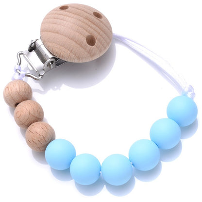 Handmade Beech Wood Baby Pacifier Chain Round Silicone Beads Infant Appease Soother Clips Anti-Drop Dummy Holder Nipple Clip