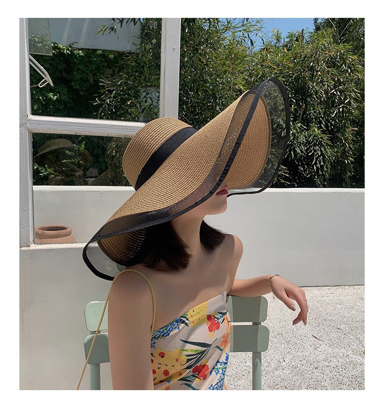 Chapéu de Sol Feminino, Aba Grande, Ondas, Boné de Praia, Chapéu Feminino, Viseiras de Sol de Aba Grande, Boné Panamá com Proteção UV, Chapéu Dobrável de Palha, Protetor Solar Vintage