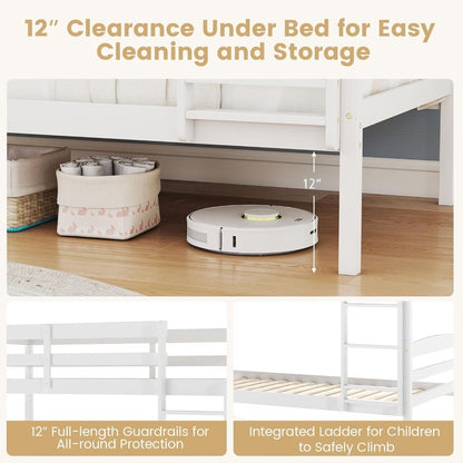 Bunk Bed Twin Over Twin, Solid Wood Detachable Bed Frame with High Guardrails & Integrated Ladder, Wooden Slatted B