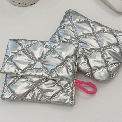INS Style Silver Sanitary Mat Bag Zipper Button Change Purse Coins Keys Wallet Love Bow Credit Card Holder Cosmetics Napkin