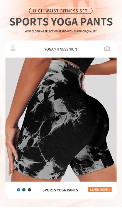 Seamless Tie Dye Sports Tight Three Piece Pants for External Wear Sexy Yoga Fitness Shorts for Women, High Waist Hip Lifting and
