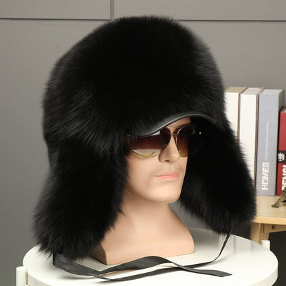 Real Fur 100% Fox Skin Russian Businessmen Pilot Bombers Full Mao Men's hat Ushanka Winter Ear Guard Hat Raccoon Fur Beanie hat