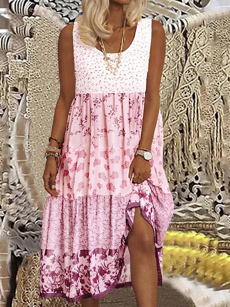 Plus Size Casual Women's Midi Dress 2025 Summer New Floral Printed Sleeveless Fl