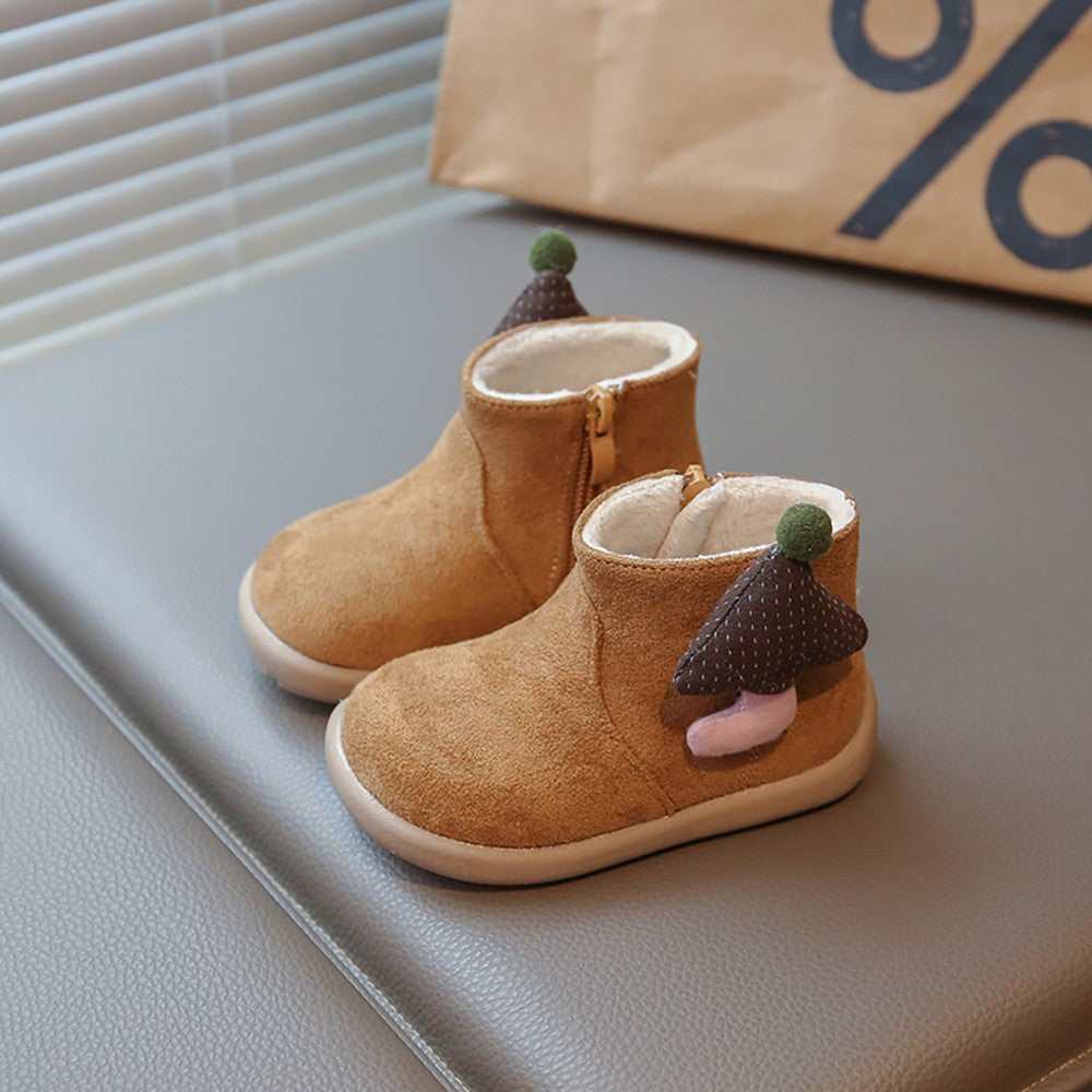 Christmas Children's Snow Boots PU Leather Vintage Girl's Plush Boots Anti-slippery Kid's Warm Padded Boots Cotton Shoes