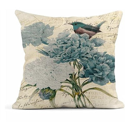 Summer Watercolor Blue Hydrangea Flowers and Birds Linen Pillow Cover Home Decoration Pillowcase Square Sofa Bed Cushion Cover