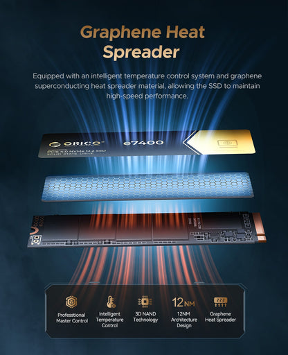 ORICO e7400 PCIe4.0 M.2 NVMe SSD PS5 7400MB/S Unidade de estado sólido interna Gen4 para computação de alto desempenho e gamers com uso intenso