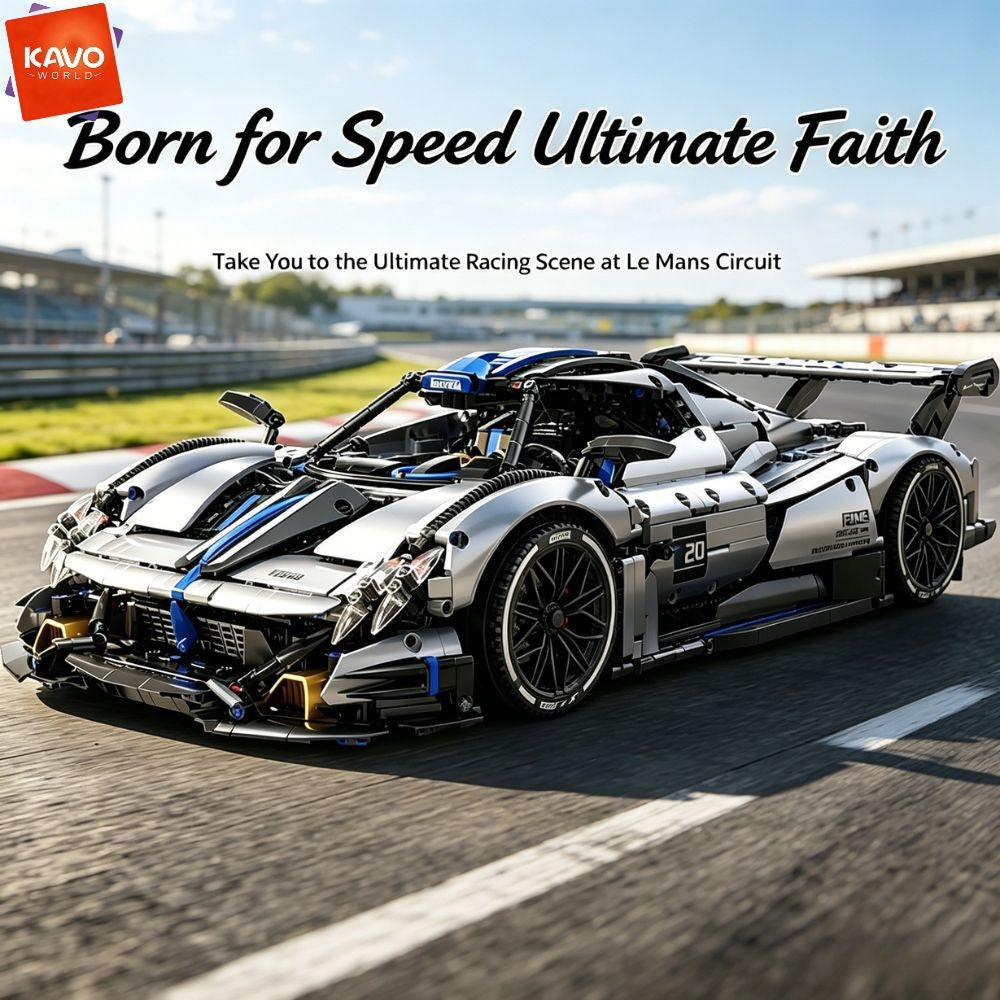 KAVOWORLD 1:8 Scale Silver-Blue Technical Super Racing Sports Car Building Blocks Set 3526pcs DIY STEM Assembly Premium ABS Racing Car Building Bricks Toy Model with Rear Linkage Engine & Track Wing, Ideal Birthday Christmas Gift for Teens Adults