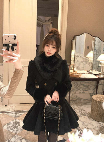 Vintage Black Wool Blends Coats Women Elegant Faux Collar Woolen Jacket Korean Long Sleeve Outerwears Winter Design Overcoat New