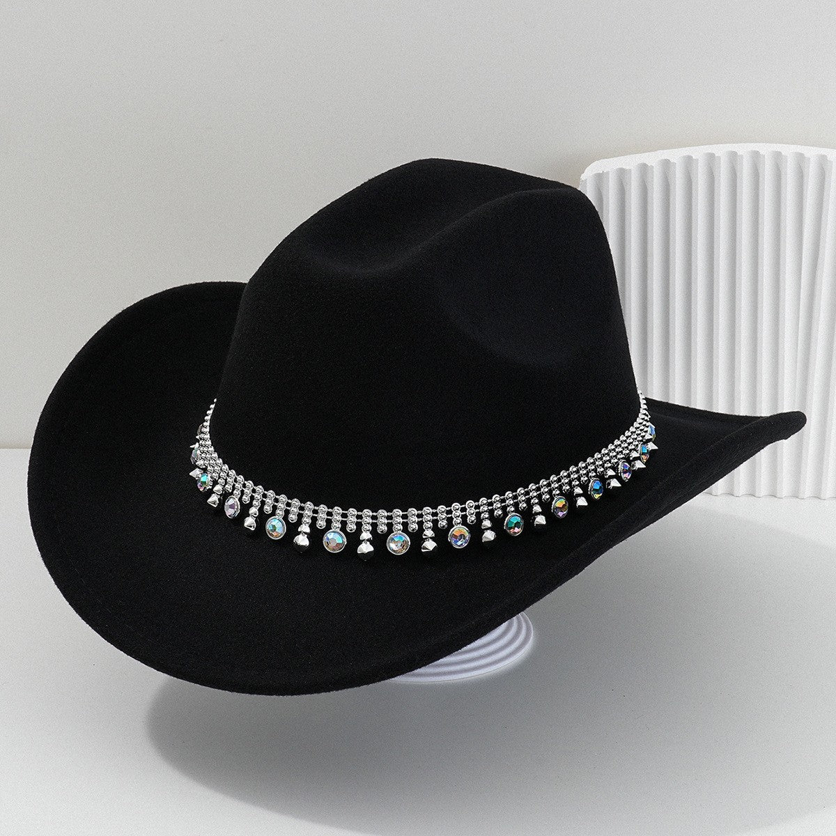 Boné Feminino Ocidental Brilhante com Pedrarias Chapéu Panamá Jazz Festa Temática Boné Vintage com Aba Larga Chapéu de Cowgirl para Festa Viagem