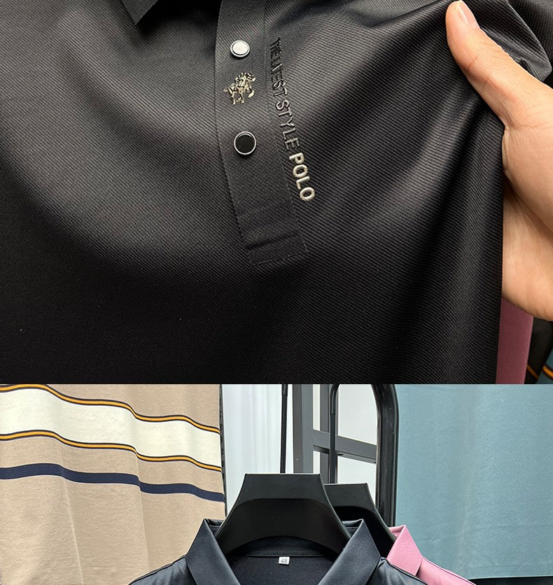 High End Brand New Summer Solid Color Silk Cotton High-quality Short Sleeved Polo Men's Fashionable Business Seamless Casual Top