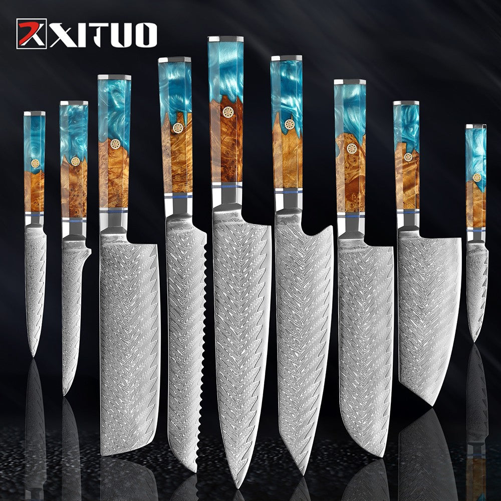 XITUO Damascus Steel Knife Set 1-9PCS Japanese Chef Knife, Santoku, Bread, Utility & Boning Knives-Ultra Sharp, Octagonal Handle