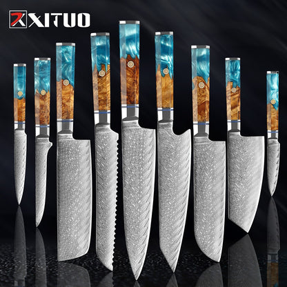 XITUO Damascus Steel Knife Set 1-9PCS Japanese Chef Knife, Santoku, Bread, Utility & Boning Knives-Ultra Sharp, Octagonal Handle