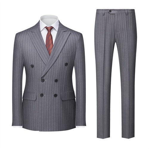 Blue Pinstripe Men's Double-breasted Suit Two-piece, Wedding/Party/Business Dress Jacket and Pants, Red Gray Male Sets M-4XL 5XL