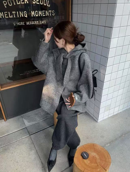 Korean Sle Woolen Coat Women's Chic Temperament Sweet Bow Tie Collar Hooded Warm Woolen Coat Long Sve Mid-Length