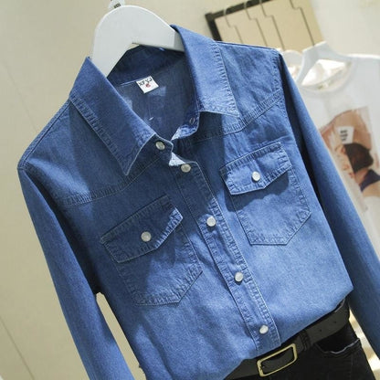 Women Blouse Denim Long Sleeve Spring Clothes Blue Lapel Shirt Blusas Mujer De Moda