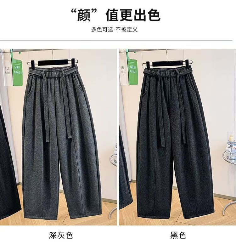 2025 Autumn Winter New All-match Fashionable Solid Color Elastic Waist Wide Leg Pants Women Clothes Casual Drawstring Trousers