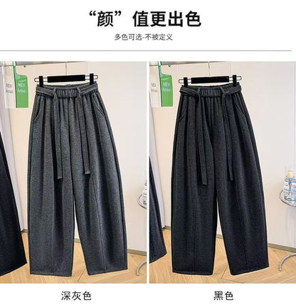 2025 Autumn Winter New All-match Fashionable Solid Color Elastic Waist Wide Leg Pants Women Clothes Casual Drawstring Trousers