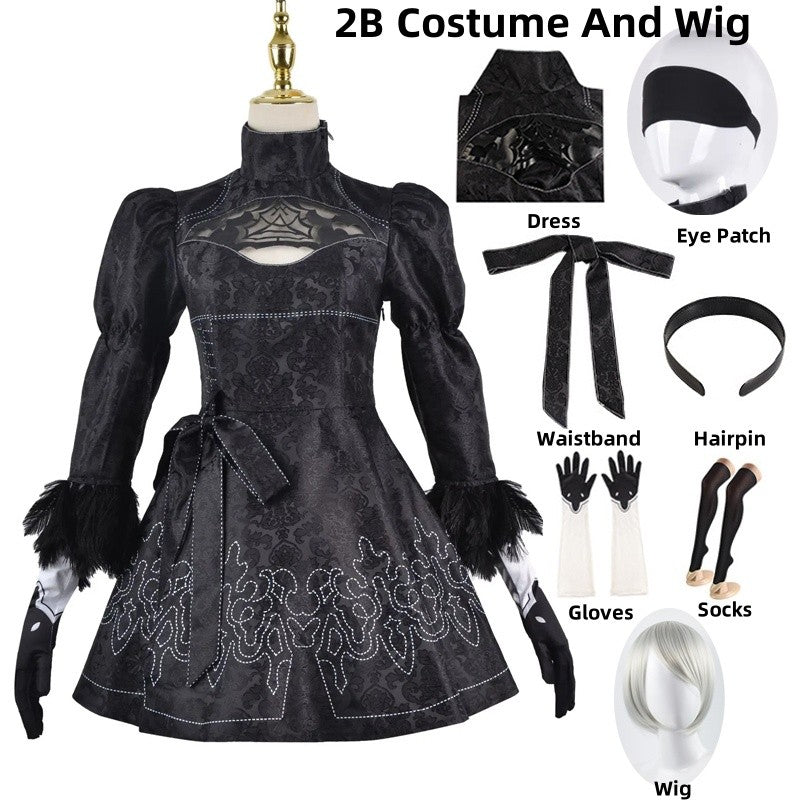 Anime Nier Automata Cosplay 9S Yorha 2B Cosplay Suit Male Women Outfit Wig Disguise Costume Plus Size Fancy Party Black Dress