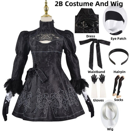 Anime Nier Automata Cosplay 9S Yorha 2B Cosplay Suit Male Women Outfit Wig Disguise Costume Plus Size Fancy Party Black Dress