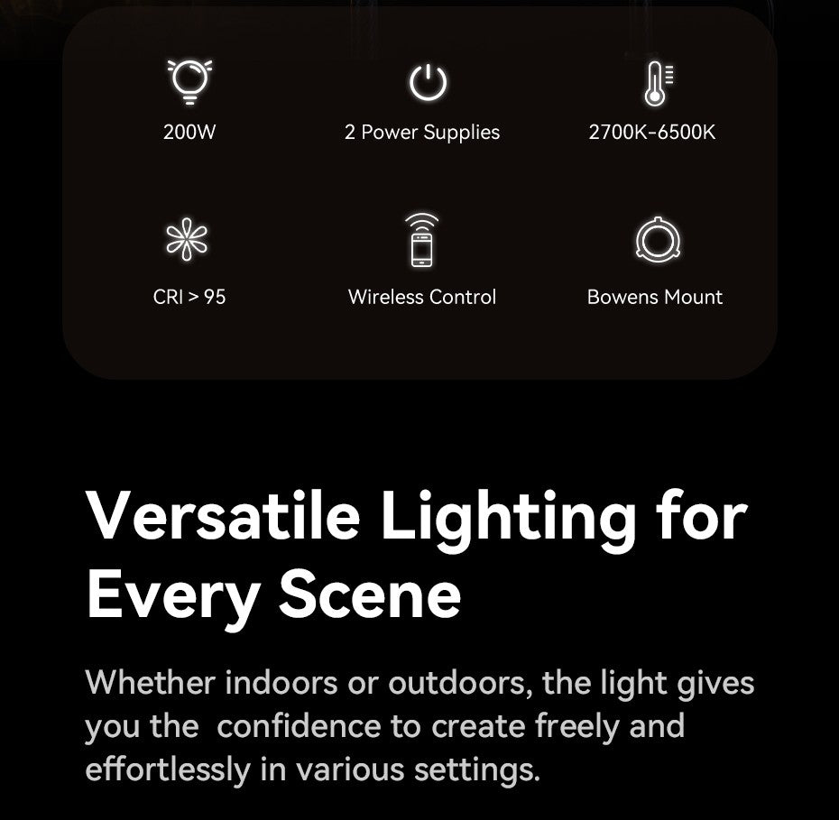 Ulanzi VL-200Bi 200W V-Mount Video Light with Wireless Control CRI 95+ 2700K-6500K CCT for Livestreaming Photography COB Light