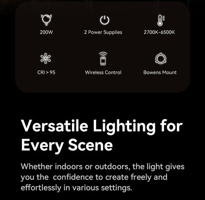Ulanzi VL-200Bi 200W V-Mount Video Light with Wireless Control CRI 95+ 2700K-6500K CCT for Livestreaming Photography COB Light