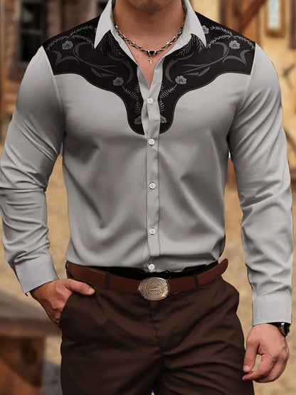 Spring and Autumn Cowboy Style Printed Men's Long Sleeve Shirt Men's Loose Fit Collar Top Casual Street Fashion Clothing