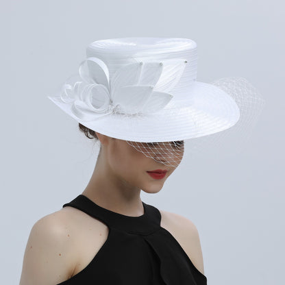 Deluxe New White Church Hat Party Banquet Satin Cloth Photography Hats Premium Chains Formal Hat Flower Top Cap For Women Ladies