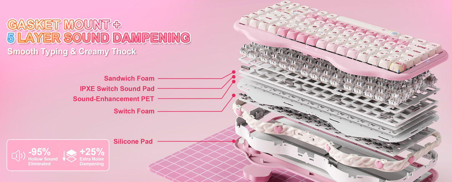 Teclado Mecânico Sem Fio Rosa YUNZII C75, Teclado RGB Hotswap Cremoso 75%, Suporte Gasket Design Cute Cake para Win/Mac/Gaming