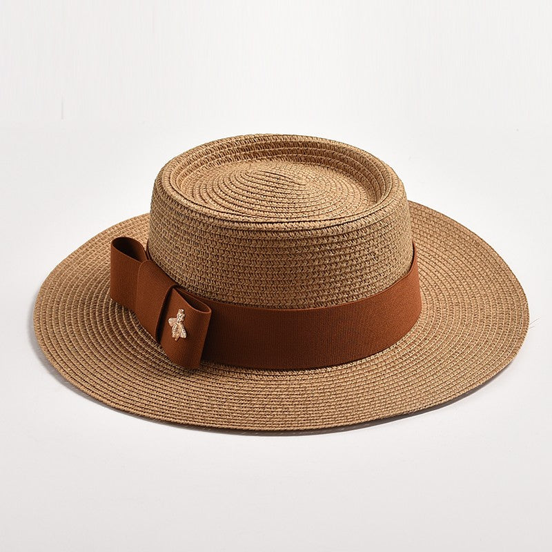 Novos Chapéus de Palha Primavera Verão Femininos de Superfície Ondulada, Topo Reto, Laço, Boné de Vestido, Chapéu de Sol para Viagem e Praia, Gorra