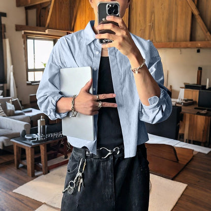 INCERUN Men Shirt Striped Lapel Long Sleeve Loose Casual Men Clothing Streetwear 2025 Korean Style Fashion Crop Tops Men