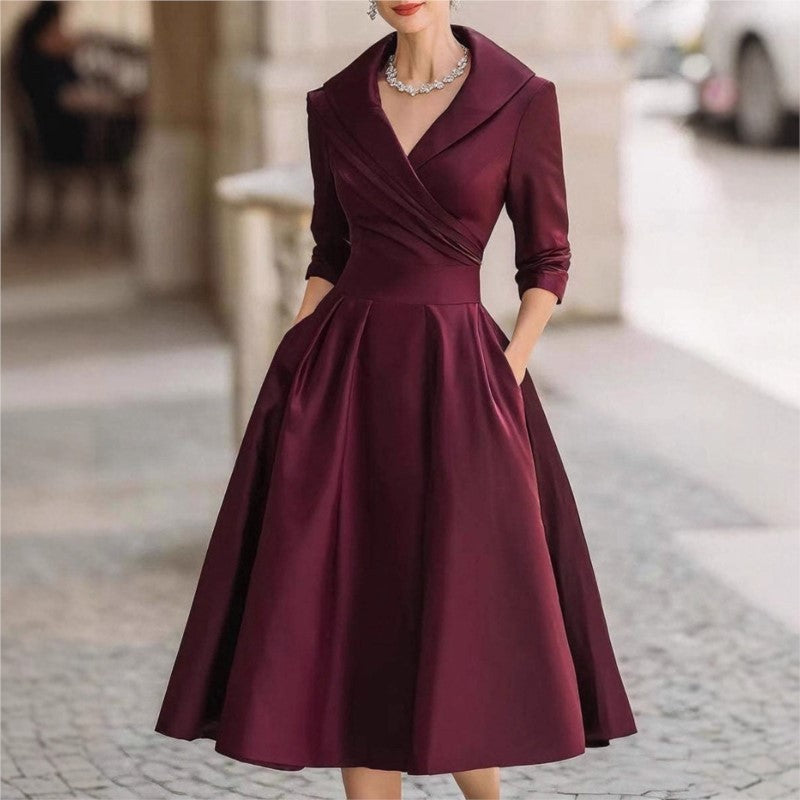Elegant Wedding Guest Dress Women Turndown Collar Mid-Length Waisted A-Line Satin Evening Dress Cocktail Party Midi Dresses
