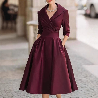 Elegant Wedding Guest Dress Women Turndown Collar Mid-Length Waisted A-Line Satin Evening Dress Cocktail Party Midi Dresses