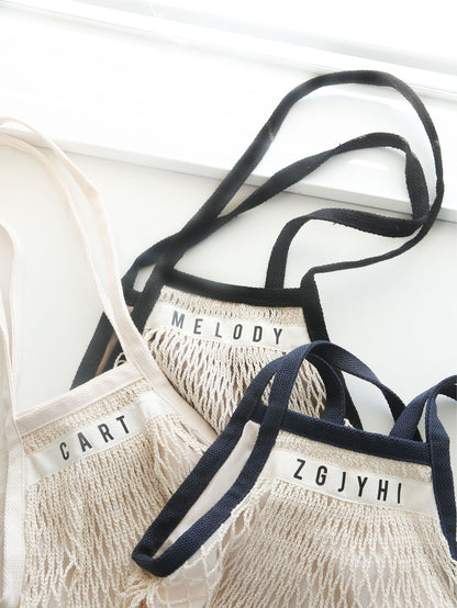 1PCS Personalised Name Mesh organic Cotton Bag with Long handle Reusable Washable Beach Bag Organizer for Shopping Grocery Bag