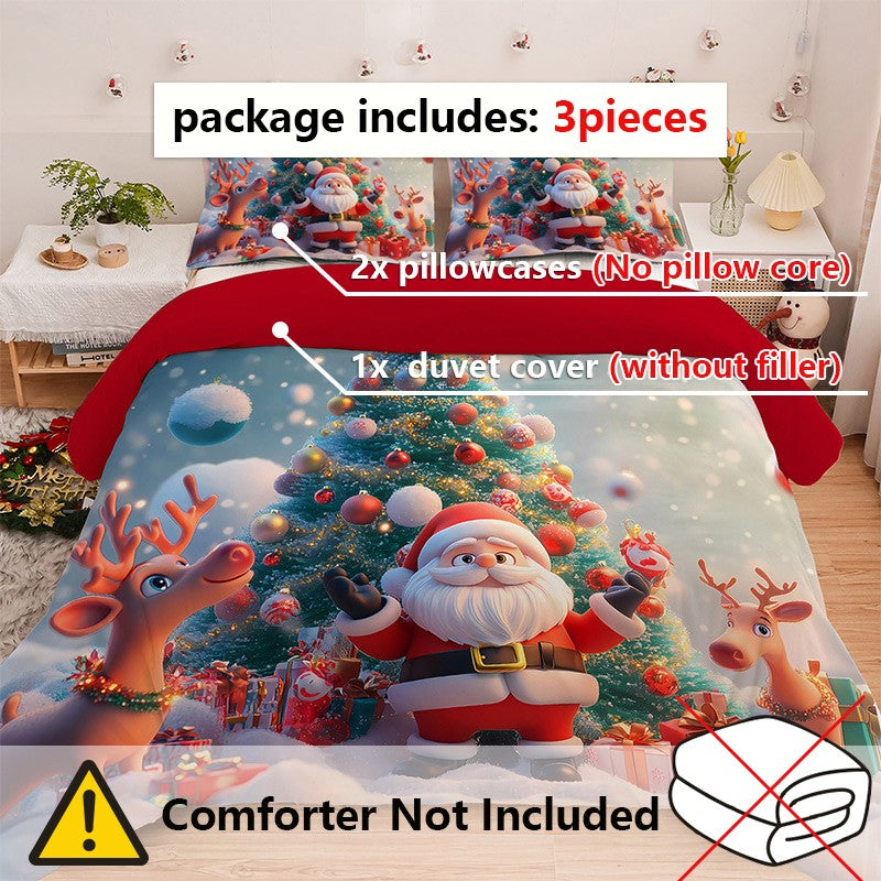 3PC Cartoon Christmas Duvet Cover Kawaii Elk Interesting Old Man Bedding set (1Duvet Cover &2Pillowcases) No filler/core
